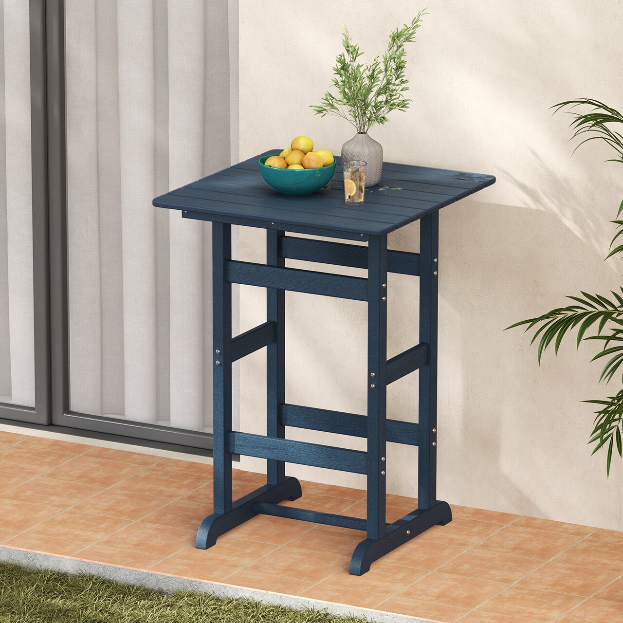 Modern 30 Inch Square Bar Table with Slatted Design for Poolside and Balcony